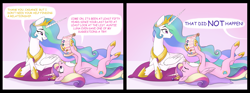 Size: 5075x1883 | Tagged: safe, artist:bluefeathercat, amira, princess cadance, princess celestia, princess luna, queen chrysalis, alicorn, changeling, changeling queen, pony, comic, cute, cutedance, cutelestia, dialogue, duo, duo female, eyes closed, female, looking at each other, mare, on back, open mouth, pillow, princess of love, shipper on deck, smiling, tongue out