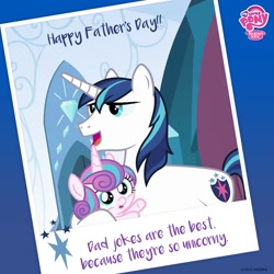 Size: 1200x1200 | Tagged: safe, princess flurry heart, shining armor, pony, unicorn, dad joke, father and child, father and daughter, father's day, male, my little pony logo, official, parent and child, pun