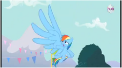 Size: 928x515 | Tagged: safe, screencap, rainbow dash, pegasus, pony, magic duel, female, giant wing, hub logo, impossibly large wings, large wings, low quality, mare, solo, wings