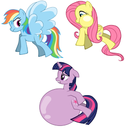 Size: 3256x3328 | Tagged: safe, artist:ikuntyphoon, fluttershy, rainbow dash, twilight sparkle, pegasus, pony, pony creator, belly, cheeks, inflation, puffy cheeks, wings