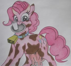 Size: 1105x1024 | Tagged: safe, artist:spectrum-sparkle, pinkie pie, cow, :t, bell, bell collar, collar, cowbell, cowified, drink, horns, looking at you, milk, mouth hold, pincow pie, plate, puffy cheeks, smiling, solo, species swap, straw, transformation, udder
