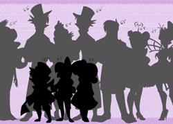 Size: 600x430 | Tagged: safe, artist:egophiliac, apple bloom, princess cadance, princess celestia, princess luna, queen chrysalis, scootaloo, shining armor, sweetie belle, oc, robot, cutie mark crusaders, humanized, line-up, preview, silhouette, size chart, size comparison, steamquestria, wip