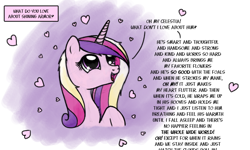 Size: 1000x600 | Tagged: safe, artist:nimaru, princess cadance, alicorn, pony, dialogue, heart, solo