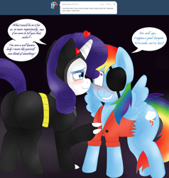 Size: 1700x1785 | Tagged: safe, artist:blackbewhite2k7, rainbow dash, rarity, pegasus, pony, unicorn, ask, batman, catwoman, crossover, female, flirting, lesbian, parody, pirate dash, raridash, shipping, tumblr