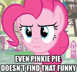 Size: 500x467 | Tagged: safe, pinkie pie, earth pony, pony, female, image macro, mare, pink coat, pink mane, reaction image, unamused