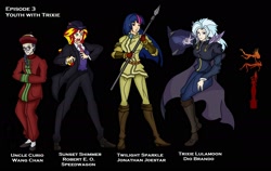 Size: 2200x1388 | Tagged: safe, artist:urusee584, derpibooru import, sunset shimmer, trixie, twilight sparkle, uncle curio, vampire, equestria girls, black background, dio brando, even speedwagon is afraid, humanized, jojo's bizarre adventure, jonathan joestar, male, phantom blood, robert eo speedwagon, simple background, sunset helper, the implications are horrible, trap, wang chan