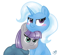 Size: 1440x1300 | Tagged: safe, artist:ruushiicz, derpibooru import, maud pie, trixie, pony, unicorn, :i, blushing, cute, female, hug, lesbian, mare, maudabetes, mauxie, nose wrinkle, shipping, simple background