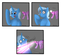 Size: 2356x2156 | Tagged: safe, artist:mikeyboo, derpibooru import, trixie, twilight sparkle, twilight sparkle (alicorn), alicorn, unicorn, attempted murder, blast, comic, dodge, fight, magic, magic beam, magic blast, request, underhoof