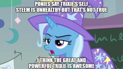 Size: 888x499 | Tagged: safe, derpibooru import, edit, edited screencap, screencap, trixie, pony, unicorn, a horse shoe-in, cape, caption, clothes, female, great and powerful, hat, image macro, impact font, mare, meme, misspelling, narcissism, open mouth, solo, text, third person, trixie yells at everything, trixie's cape, trixie's hat