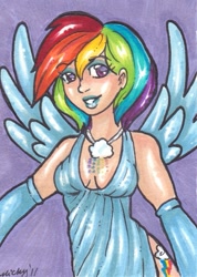 Size: 533x750 | Tagged: safe, artist:nickyflamingo, rainbow dash, humanized, traditional art, winged humanization