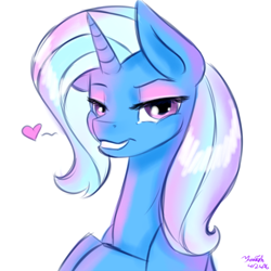 Size: 1024x1024 | Tagged: safe, artist:fanaticpanda, derpibooru import, trixie, pony, unicorn, bedroom eyes, bust, cute, diatrixes, eyeshadow, female, floating heart, heart, looking at you, makeup, mare, simple background, solo