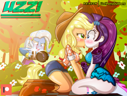 Size: 2000x1500 | Tagged: safe, artist:uzzi-ponydubberx, derpibooru import, applejack, rarity, trixie, equestria girls, applerack, ass, bedroom eyes, blushing, breasts, butt, camera, caught, clothes, dress, fall formal outfits, female, kissing, lesbian, lidded eyes, looking at each other, rarijack, raritits, rearity, shipping, surprise kiss, surprised, thighs