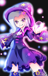 Size: 1000x1572 | Tagged: safe, artist:banzatou, derpibooru import, trixie, human, blushing, boots, clothes, female, grin, hat, humanized, looking at you, shoes, skirt, smiling, solo, trixie's hat