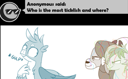 Size: 755x469 | Tagged: safe, artist:sintakhra, gallus, sandbar, yona, earth pony, griffon, pony, yak, tumblr:studentsix, cropped, female, imminent tickles, impending doom, male, wings