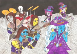 Size: 3490x2474 | Tagged: safe, artist:metaldudepl666, derpibooru import, fuchsia blush, lavender lace, trixie, equestria girls, rainbow rocks, andré olbrich, armor, axe guitar, battle of the bands, blind guardian, dragon guitar, drums, equestria girls-ified, female, frederik ehmke, hansi kursch, heavy metal, knight, mage, magic, marcus siepen, metal, power metal, robes, rock, trixie and the illusions, warrior, warriors