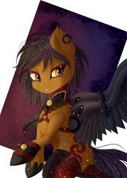 Size: 2300x3208 | Tagged: safe, artist:silvia-zero, oc, oc only, oc:whirlwind dust, bat pony, pony, vampire, vampony, artificial wings, augmented, choker, clock, clothes, collar, commission, female, gears, harness, lace, makeup, mechanical wing, socks, solo, sparkly mane, sparks, steampunk, tack, thigh highs, watch, wings, ych result