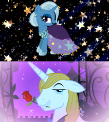 Size: 1280x1428 | Tagged: safe, artist:creativa-artly01, derpibooru import, edit, edited screencap, screencap, prince blueblood, trixie, the best night ever, bluetrix, clothes, dress, female, male, shipping, shipping domino, straight