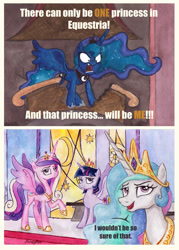 Size: 1279x1784 | Tagged: safe, artist:nancyksu, princess cadance, princess celestia, princess luna, twilight sparkle, twilight sparkle (alicorn), alicorn, pony, princess twilight sparkle (episode), alicorn tetrarchy, dreamworks face, female, mare, traditional art