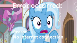 Size: 1280x720 | Tagged: safe, derpibooru import, edit, edited screencap, screencap, trixie, pony, unicorn, a horse shoe-in, caption, crying, every gamers worst nightmare, female, image macro, mare, meme, online error text, raised hoof, sad, shocked, shocked expression, solo, text, trixie yells at everything, worried, yelling