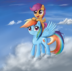 Size: 1393x1362 | Tagged: safe, artist:ohthatandy, rainbow dash, scootaloo, pegasus, pony, cloud, cloudy, ponies riding ponies, scootalove