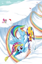 Size: 1000x1516 | Tagged: safe, artist:mimi-na, idw, fluttershy, rainbow dash, pegasus, pony, action pose, comic, cover, official, official comic, snow, snowboard, trail