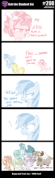 Size: 800x2570 | Tagged: safe, artist:sintakhra, cozy glow, fluttershy, gallus, ocellus, rainbow dash, sandbar, silverstream, smolder, yona, changedling, changeling, dragon, earth pony, griffon, hippogriff, pegasus, pony, yak, tumblr:studentsix, april fools, description is relevant, dragoness, female, mane swap, moral event horizon, partial color, pure concentrated unfiltered evil of the utmost potency, pure unfiltered evil, shampoo, stair keychain, student six, wig