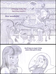 Size: 915x1202 | Tagged: safe, artist:poseidonathenea, derpibooru import, sweetie belle, trixie, twilight sparkle, twilight sparkle (alicorn), alicorn, equestria girls, cutie mark, human ponidox, levitation, magic, mean, monochrome, pencil drawing, ponidox world, studying, telekinesis, the cmc's cutie marks, tiny ponies, traditional art