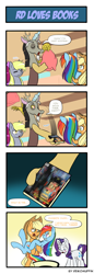 Size: 660x1914 | Tagged: safe, artist:reikomuffin, applejack, derpy hooves, discord, rainbow dash, rarity, earth pony, pegasus, pony, unicorn, appledash, bipedal, blushing, book, bridal carry, comic, discord the shipper, female, grin, holding a pony, lesbian, open mouth, shipping, smiling, speech bubble, standing, talking, wink