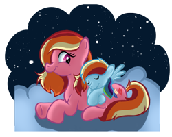 Size: 1065x852 | Tagged: safe, artist:doodlinjaz, feathermay, rainbow dash, pegasus, pony, filly, mother