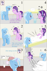 Size: 2000x3000 | Tagged: safe, artist:lzh, derpibooru exclusive, derpibooru import, starlight glimmer, trixie, twilight sparkle, pony, unicorn, bed, comic, cup, excited, female, headache, laxative, misspelling, old master q, pill, sleeping pill, table, toilet