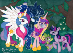 Size: 1024x744 | Tagged: safe, artist:jenkiwi, princess cadance, princess celestia, princess luna, spike, twilight sparkle, alicorn, dragon, pony, unicorn, a wrinkle in time, crossover, female, forest, glasses, male, mare, traditional art