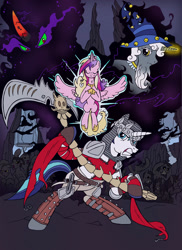 Size: 2546x3506 | Tagged: safe, artist:edcom02, artist:jmkplover, king sombra, princess cadance, shining armor, star swirl the bearded, alicorn, pony, umbrum, unicorn, bipedal, crossover, dante's inferno, scythe, tartarus