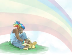 Size: 942x728 | Tagged: safe, artist:pugletz, rainbow dash, converse, dressing, humanized, solo, winged shoes