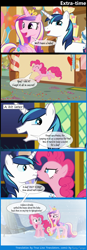 Size: 1288x3694 | Tagged: safe, artist:bredgroup, artist:true line translators, screencap, pinkie pie, princess cadance, shining armor, alicorn, earth pony, pony, unicorn, party pooped, the one where pinkie pie knows, comic, screencap comic