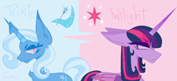 Size: 1300x600 | Tagged: safe, artist:junko, derpibooru exclusive, derpibooru import, trixie, twilight sparkle, twilight sparkle (alicorn), alicorn, pony, unicorn, big ears, big eyelashes, big horn, chest fluff, digital art, duo, ears up, eyelashes, female, folded wings, frown, grumpy, grumpy twilight, horn, lazy background, lidded eyes, mare, paint tool sai, rivalry, shiny eyes, simple background, smiling, smirk, smug, wings