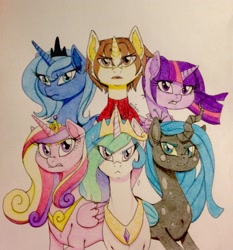 Size: 1893x2031 | Tagged: safe, artist:ameliacostanza, princess cadance, princess celestia, princess luna, queen chrysalis, twilight sparkle, alicorn, changeling, changeling queen, pony, unicorn, amethyst sorceress, crossover, peter parker, spider-man, spiders and magic iv: the fall of spider-mane, spiders and magic: rise of spider-mane, traditional art