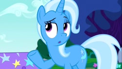 Size: 1366x768 | Tagged: safe, derpibooru import, screencap, trixie, pony, no second prances, :o, raised eyebrow, solo, underhoof