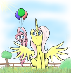 Size: 893x918 | Tagged: safe, artist:whyte-shadow-neko, fluttershy, pinkie pie, alicorn, pony, alicornified, balloon, fluttercorn, race swap