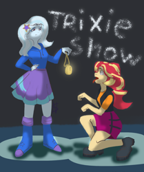 Size: 1280x1529 | Tagged: safe, artist:stasynosok, derpibooru import, sunset shimmer, trixie, equestria girls, behaving like a dog, hypnosis, hypnotized, pendulum swing, pocket watch, swirly eyes