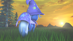 Size: 1920x1080 | Tagged: safe, artist:snow swirl, derpibooru import, trixie, pony, unicorn, 3d, dawn, grass, grass field, solo, source filmmaker, sunrise