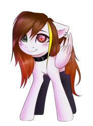 Size: 1024x1394 | Tagged: safe, artist:zefirayn, oc, oc only, pegasus, pony, clothes, collar, commission, cute, digital art, ear piercing, female, floppy ears, heterochromia, mare, piercing, smiling, solo, stockings, thigh highs, vexel