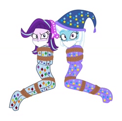 Size: 1280x1263 | Tagged: safe, artist:brightstar40k, derpibooru import, starlight glimmer, trixie, equestria girls, arm behind back, bondage, bound and gagged, cloth gag, clothes, footed sleeper, footie pajamas, gag, hat, nightcap, otn gag, over the nose gag, pajamas, rope, rope bondage, simple background, tied up, white background