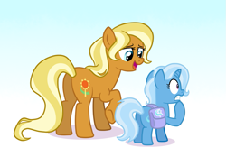 Size: 1095x760 | Tagged: safe, artist:doodledaydreamer, artist:doodledaydreamer-mlp, derpibooru import, idw, sunflower spectacle, trixie, earth pony, pony, unicorn, spoiler:comic40, bag, cute, diatrixes, duo, female, filly, filly trixie, gradient background, idw showified, mare, mother and child, mother and daughter, nervous, parent and child, race swap, raised hoof, saddle bag, show accurate, simple background, white background, younger