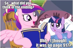 Size: 749x500 | Tagged: safe, princess cadance, twilight sparkle, unicorn twilight, alicorn, pony, unicorn, bed, bedtime story, blanket, book, bow, cadance's bedtime stories, chair, detailed background, duo, duo female, exploitable meme, female, females only, filly, filly twilight sparkle, hair bow, hoof hold, horn, image macro, looking at each other, looking up, meme, multicolored mane, open mouth, pillow, pink coat, pink wings, purple coat, purple eyes, sitting, smiling, spread wings, steven universe, text, wings, younger
