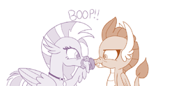 Size: 1199x597 | Tagged: safe, artist:sintakhra, silverstream, smolder, dragon, hippogriff, tumblr:studentsix, boop, cropped, cute, diastreamies, dragoness, female, smiling, smolder is not amused, smolderbetes, unamused