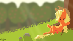 Size: 1920x1080 | Tagged: safe, artist:rangelost, applejack, earth pony, pony, cowboy hat, female, grass, hat, lineless, mare, resting, solo, tree, wallpaper