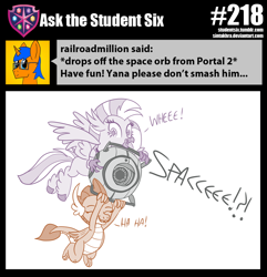 Size: 800x830 | Tagged: safe, artist:sintakhra, silverstream, smolder, classical hippogriff, dragon, hippogriff, tumblr:studentsix, personality core, portal (valve), portal 2, space, space core