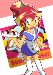 Size: 824x1164 | Tagged: safe, artist:rvceric, sunset shimmer, equestria girls, alternate hairstyle, apron, clothes, female, food, hair bun, hair tie, happi, looking at you, open mouth, serving tray, smiling, socks, solo, standing, sunset sushi, sushi, thigh highs, toy interpretation, uniform, zettai ryouiki