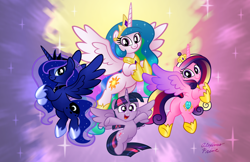 Size: 1024x663 | Tagged: safe, artist:aleximusprime, princess cadance, princess celestia, princess luna, twilight sparkle, twilight sparkle (alicorn), alicorn, pony, alicorn tetrarchy, cute, cutedance, cutelestia, female, flying, lunabetes, mare, plot, twiabetes