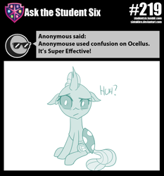 Size: 800x860 | Tagged: safe, artist:sintakhra, ocellus, changedling, changeling, tumblr:studentsix, confused, cute, diaocelles, pokémon, post-it, raised eyebrow, solo